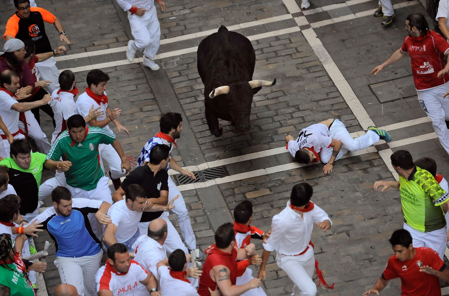 The running of the bulls at the San Fermin fiestas
