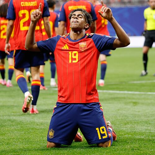 Spain's Lamine Yamal celebrates after scoring his side's opening goal during the World Cup Group H soccer match between Spain and Saudi Arabia in Atlanta, Sunday, June 21, 2026. (AP Photo/Erik S.Lesser)