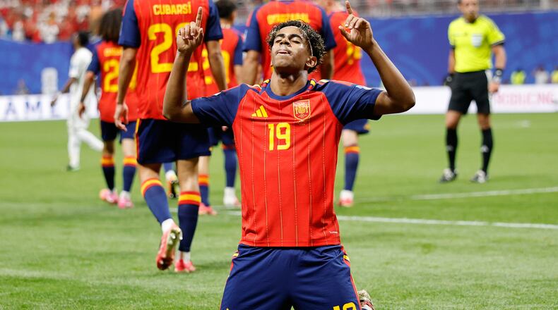 Spain's Lamine Yamal celebrates after scoring his side's opening goal during the World Cup Group H soccer match between Spain and Saudi Arabia in Atlanta, Sunday, June 21, 2026. (AP Photo/Erik S.Lesser)