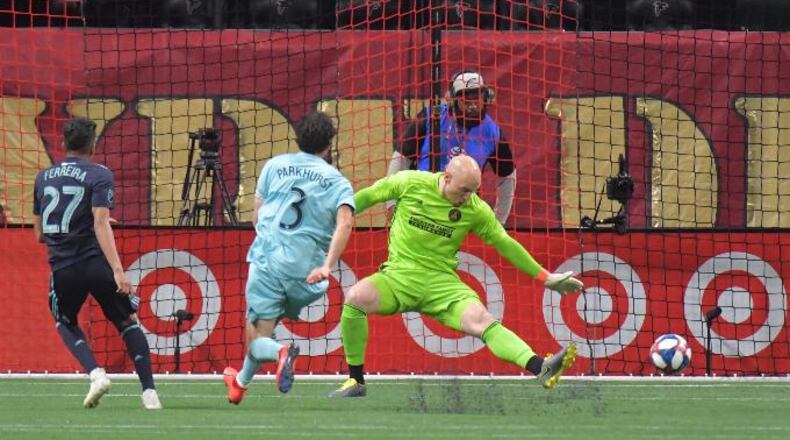 FC Dallas forward Jesus Ferreira (27) makes a shot on goal during MLS soccer match Saturday, April 20, 2019, at Mercedes-Benz Stadium in Atlanta.