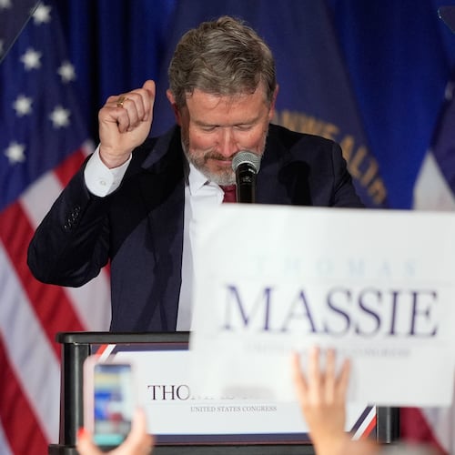 Rep. Thomas Massie, R-Ky., reacts as he speaks during an election night watch party after losing the Republican party's nomination at the Marriott Cincinnati Airport, Tuesday, May 19, 2026, in Hebron, Ky. (AP Photo/Carolyn Kaster)