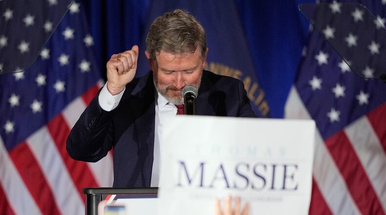 Rep. Thomas Massie, R-Ky., reacts as he speaks during an election night watch party after losing the Republican party's nomination at the Marriott Cincinnati Airport, Tuesday, May 19, 2026, in Hebron, Ky. (AP Photo/Carolyn Kaster)