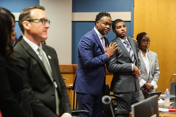 Defendant Julian Conley talks with his defense attorney Arnold Ragas after opening statements at his trial at Fulton County Superior Court in Atlanta on Wednesday, Sept. 17, 2025 (Abbey Cutrer/AJC)