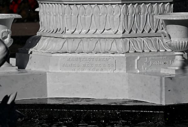 A plaque lists the manufacturer of the Forsyth Park fountain, first installed in Savannah in 1858. The city fathers of the time ordered what would become a symbol of Savannah through a catalog. The price? $2,200.