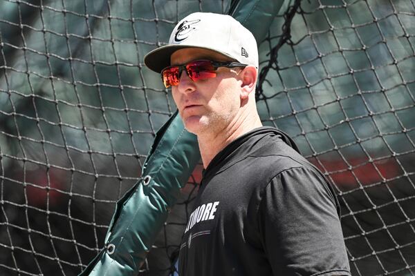 Baltimore Orioles interim manager Tony Mansolino looks on during batting practice before a baseball game against the Washington Nationals in Baltimore, Saturday, May 17, 2025. (AP Photo/Terrance Williams)