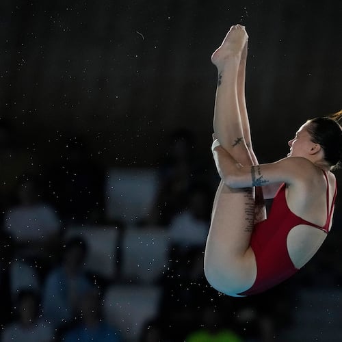 FILE - Ukraine's Sofiia Lyskun competes in the women's 10m platform diving preliminary at the 2024 Summer Olympics, on Aug. 5, 2024, in Saint-Denis, France. (AP Photo/Lee Jin-man, File)