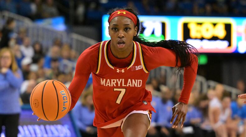 FILE - Maryland guard Oluchi Okananwa handles the ball during the second half of an NCAA college basketball game against UCLA, Jan. 18, 2026, in Los Angeles. (AP Photo/Jayne Kamin-Oncea, File)