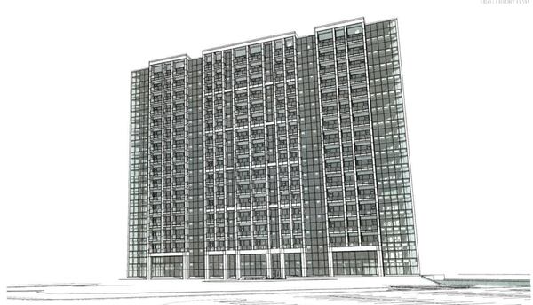 This is a rendering of 1800 Century Blvd., an 18-story office building in Chamblee that is slated to be converted into housing. (Courtesy of Decide DeKalb)