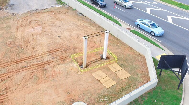 Sugar Hill contractors are nearing completion of the city’s new 20-foot tall E Center monument sign at the corner of the old JW Trucks entrance and Highway 20. (Courtesy City of Sugar Hill)