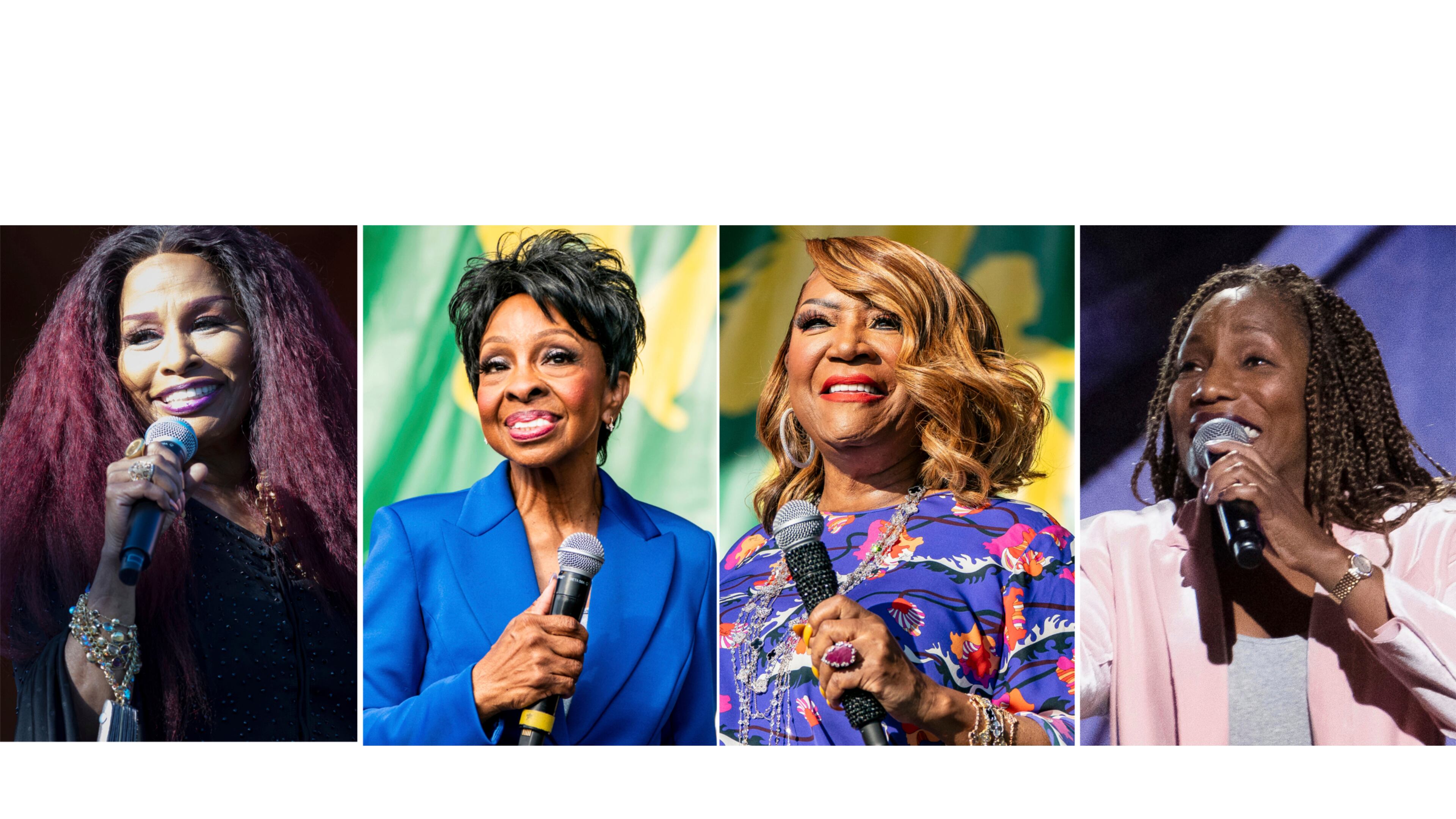 Chaka Khan rehearses for the annual Fourth of July Boston Pops Fireworks Spectacular in Boston on July 3, 2022, from left, Gladys Knight performs at the New Orleans Jazz & Heritage Festival on April 25, 2025, Patti LaBelle performs at the New Orleans Jazz & Heritage Festival on May 4, 2025, and Stephanie Mills performs at the Black Girls Rock! Awards at New Jersey Performing Arts Center on Aug. 26, 2018, in Newark, N.J. (AP Photo)