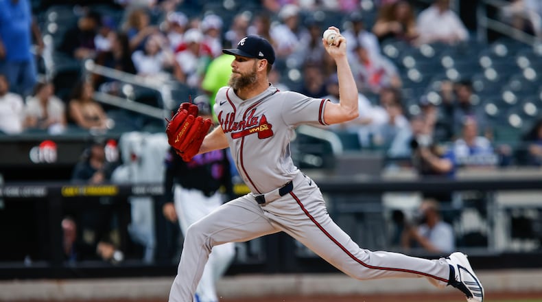 Atlanta Braves' Chris Sale pitches during the first inning of a baseball game against the New York Mets Wednesday, July 29, 2026, in New York (AP Photo/Eduardo Munoz Alvarez)