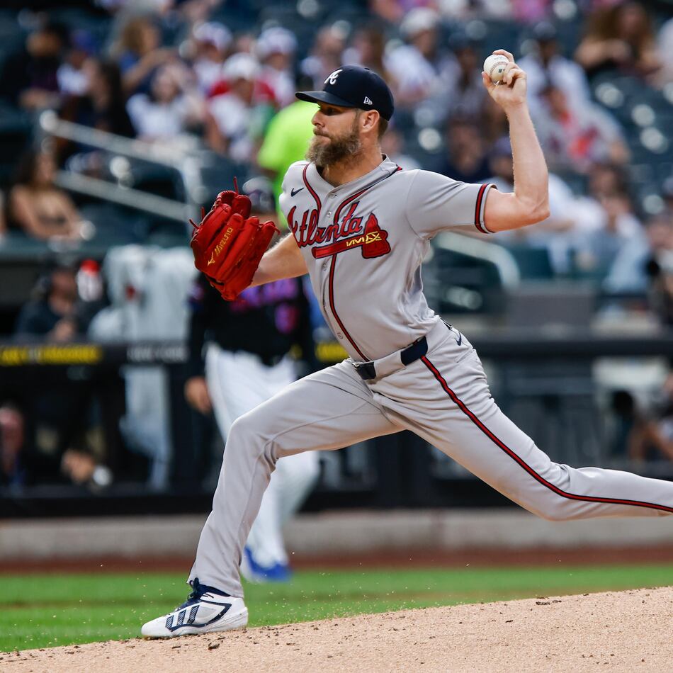 Atlanta Braves' Chris Sale pitches during the first inning of a baseball game against the New York Mets Wednesday, July 29, 2026, in New York (AP Photo/Eduardo Munoz Alvarez)