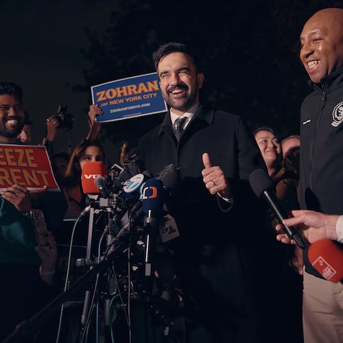 New York mayoral candidate Zohran Mamdani reacts during a press conference at the Dutch Kills Playground on Monday, Nov. 3, 2025, in the Queens borough of New York. (AP Photo/Andres Kudacki)