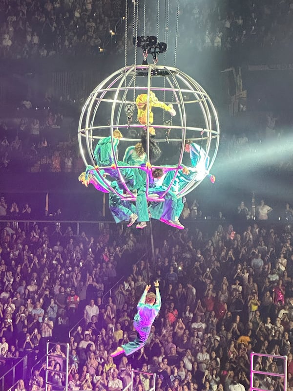 Katy Perry provided some circuslike flair during her "Lifetimes" tour stop at State Farm Arena on Wednesday, Aug. 20, 2025. (Rodney Ho/AJC)