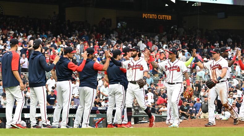 Braves players celebrate their victory over Washington Nationals at Truist Park on Saturday, July 9, 2022. Atlanta Braves won 4-3 over Washington Nationals. (Hyosub Shin / Hyosub.Shin@ajc.com)