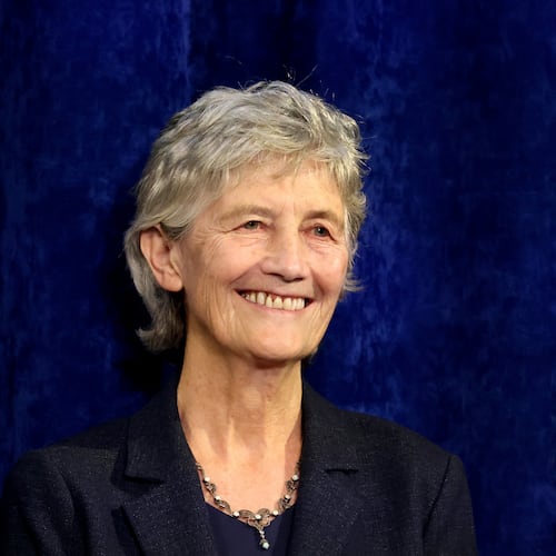 Catherine Connolly smiles to supporters after being elected as the new President of Ireland at Dublin Castle, Ireland, Saturday, Oct. 25, 2025. (AP Photo/Peter Morrison)