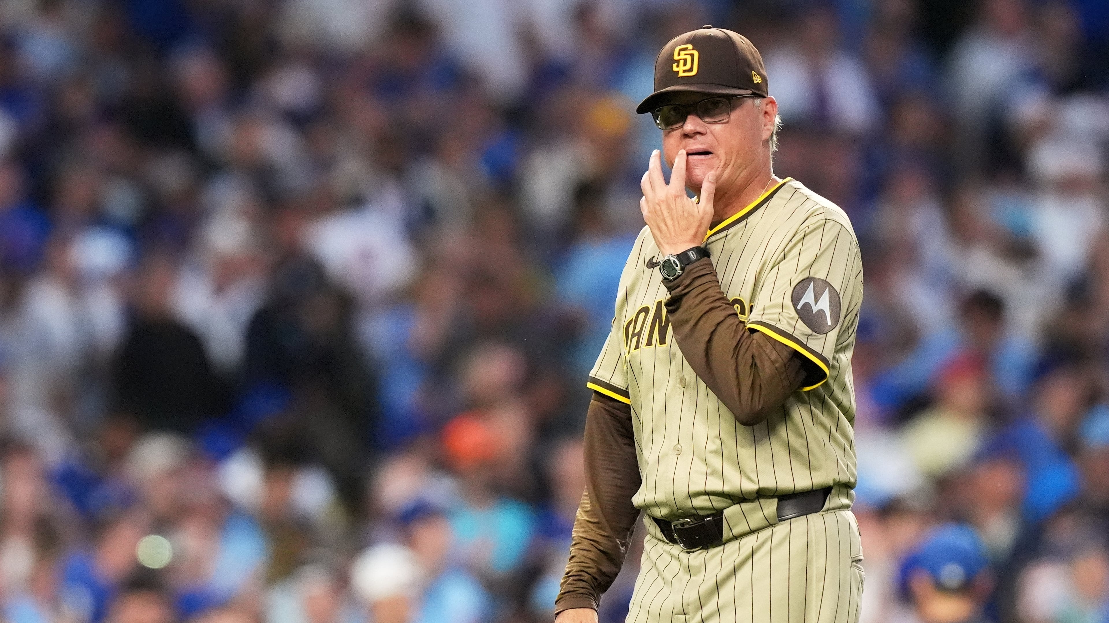 San Diego Padres manager Mike Shildt reacts during the seventh inning of Game 3 of a National League wild card baseball game against the Chicago Cubs Thursday, Oct. 2, 2025, in Chicago. (AP Photo/Nam Huh)