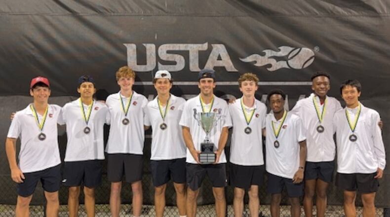 Greater Atlanta Christian won the National High School Tennis Championship at the USTA National Campus in Orlando, Florida, in February. Pictured, from left, are Brady Gessner, Santi Bisogno, Jack Morrison, Marcello Bisogno, Harrison Kemp, Alexander Paden, Freddy Dougah, Jason Eigbedion and Simon Dong. Ben Hawkins is not pictured. The event was an invitational of the eight highest-rated teams nationwide based on Universal Tennis Rating. (Courtesy of Greater Atlanta Christian)