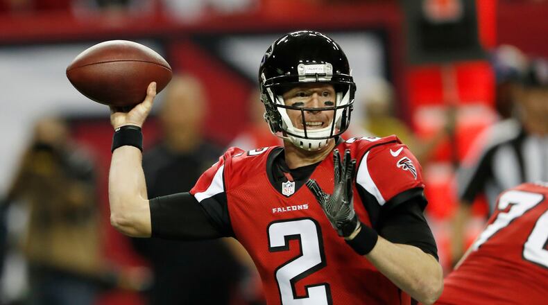 FILE - In this Jan. 1, 2017, file photo, Atlanta Falcons quarterback Matt Ryan (2) works against the New Orleans Saints during the first half of an NFL football game, in Atlanta. The Falcons next game is in the divisional playoffs on Sunday, Jan. 15. (AP Photo/John Bazemore)