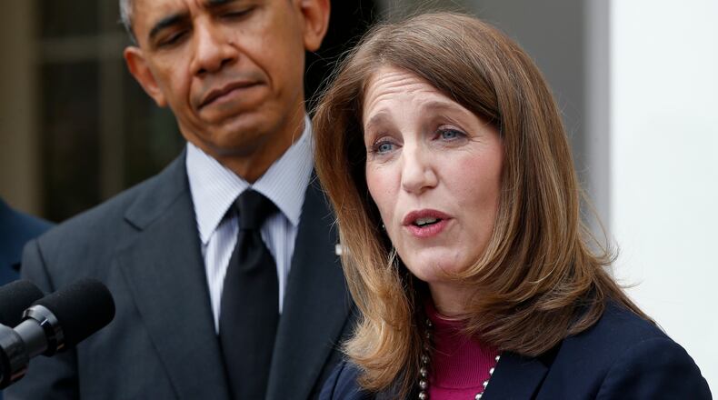 President Barack Obama listens as his nominee to become Human Services secretary, current Budget Director Sylvia Mathews Burwell, speaks in the Rose Garden of the White House in Washington, Friday, April 11, 2014, where the president announced he would nominate Burwell to replace Kathleen Sebelius. The moves come just over a week after sign-ups closed for the first year of insurance coverage under the so-called Obamacare law. (AP Photo/Charles Dharapak) President Barack Obama listens as his nominee to become Human Services secretary, current Budget Director Sylvia Mathews Burwell, speaks in the Rose Garden of the White House in Washington on Friday. AP/Charles Dharapak