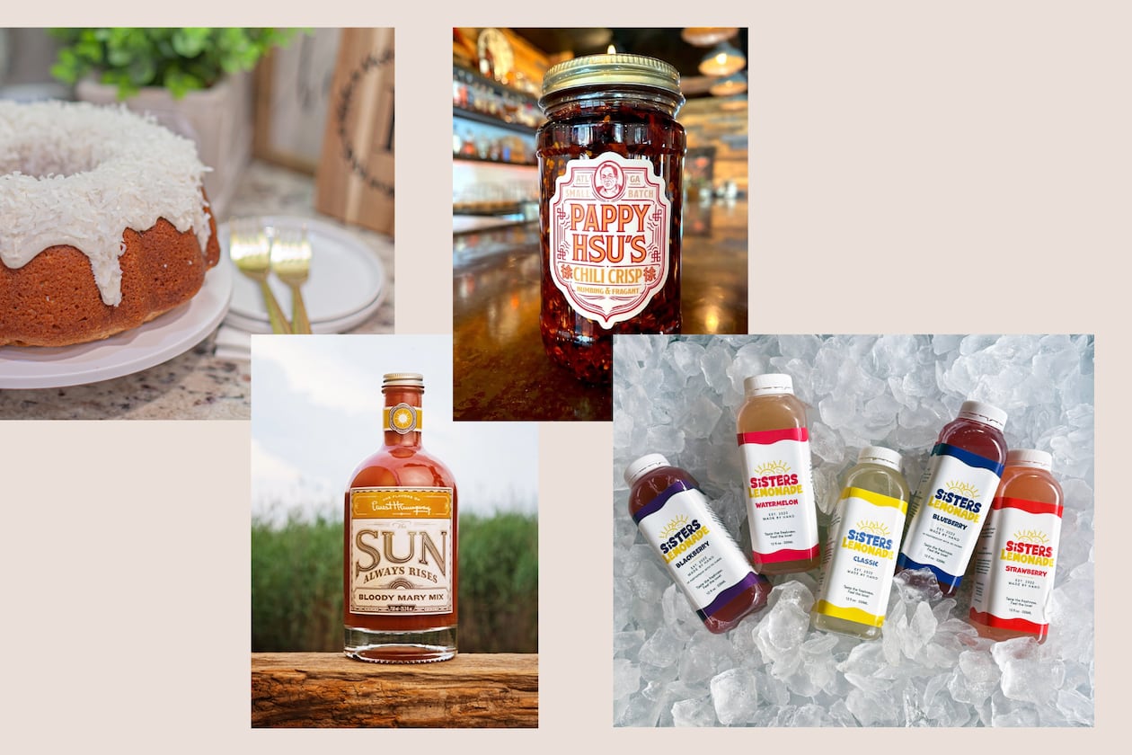 From left: Pound cake (Courtesy of Auntie Kim’s Pound Cakes); Bloody Mary mix (Courtesy of E.H. Gourmet); chile crisp (Courtesy of Madelyn Turner); and lemonade (Courtesy of Sisters Lemonade)