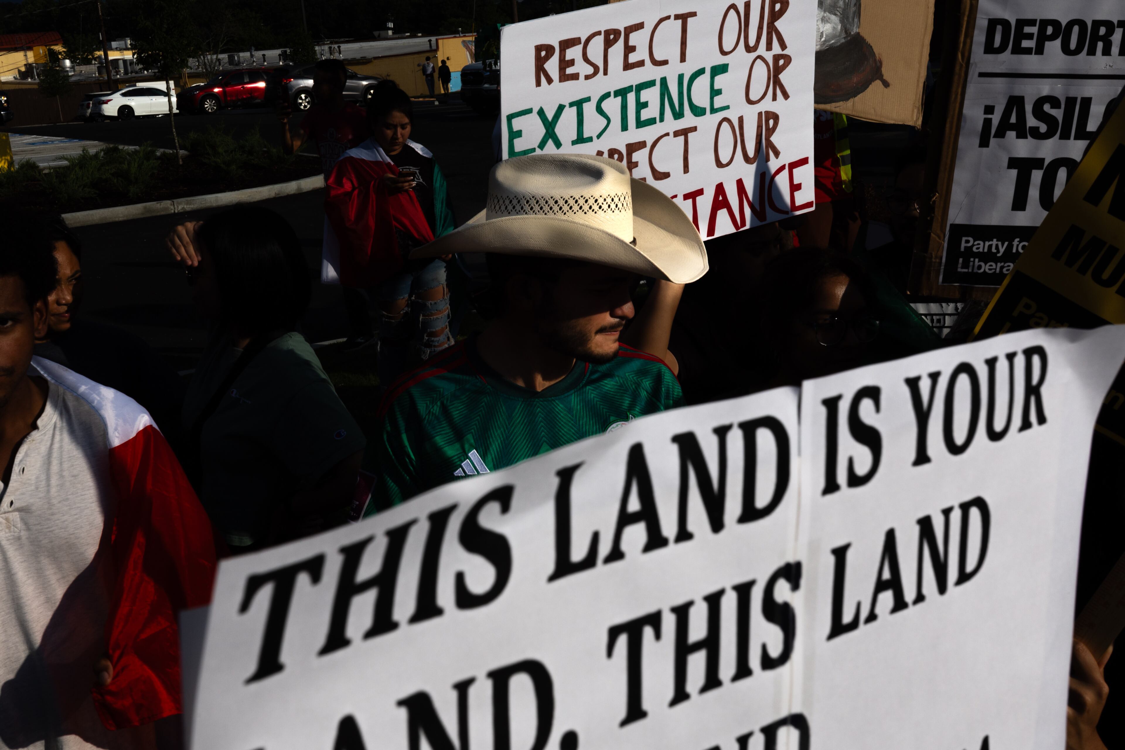Demonstrators protest ICE raids and deportations on Buford Highway in Atlanta on Tuesday, June 10, 2025. (Arvin Temkar / AJC)