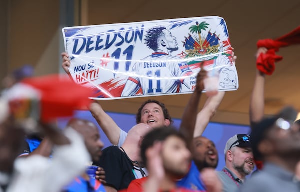 Fans cheer for Haiti's Louicius Deedson  during first half of Morocco vs. Haiti Group C FIFA World Cup match at Atlanta Stadium (Mercedes-Benz Stadium) on Wednesday, June 24, 2026.  (Jason Getz/AJC)