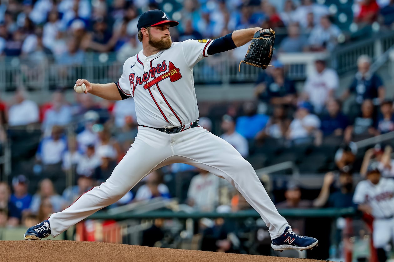 Braves pitcher Bryce Elder threw six innings and allowed three runs against the Dodgers on Tuesday, Aug. 25, 2026, in Atlanta. (Erik S. Lesser/AP)