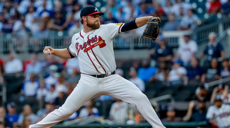 Braves pitcher Bryce Elder threw six innings and allowed three runs against the Dodgers on Tuesday, Aug. 25, 2026, in Atlanta. (Erik S. Lesser/AP)