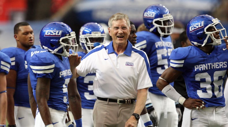 110910 Atlanta; Georgia State University coach Bill Curry laughs with cornerback Demarius Matthews, left, as they warmup before their game against future CAA foe Old Dominion at the Georgia Dome Saturday afternoon in Atlanta, Ga., September 10, 2011. GSU is looking for revenge after a 34-20 defeat by Old Dominion last year on the Monarch's home field in Norfolk, Va.. Curry referred to this game today as "a substantial part of our future." Curry also said, "Last year they taught us some lessons up at their place, and we are going to have to work really hard to get ready for them." Jason Getz jgetz@ajc.com