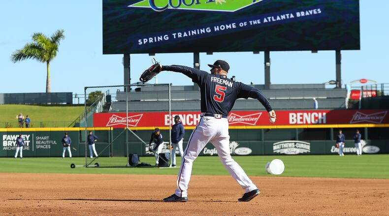 Feb. 22, 2020 North Port, FL: Atlanta Braves first baseman Freedie Freeman and the team take batting practice while preparing to play the Baltimore Orioles in a MLB spring training baseball game at the Braves new facility CoolToday Park on Saturday, Feb. 22, 2020, in North Port. Curtis Compton ccompton@ajc.com