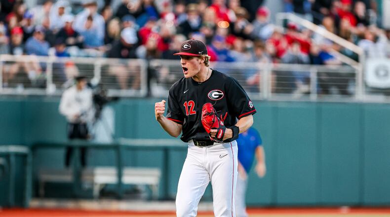 Georgia pitcher Jonathan Cannon (12) reacts after getting a batter out during a game against Florida at Foley Field in Athens on Thursday, March 31, 2022. (Photo by Tony Walsh)