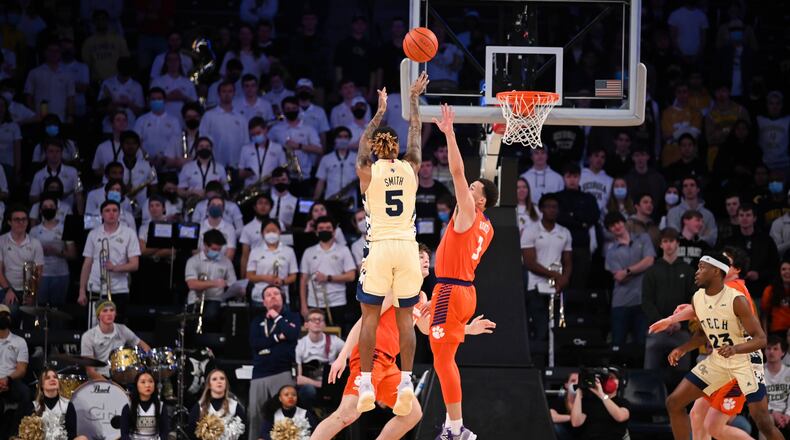 Georgia Tech guard Deivon Smith (No. 5) takes a jump shot against Clemson in a 69-64 win for the Yellow Jackets Feb. 5, 2022 at McCamish Pavilion. (Anthony McClellan/Georgia Tech Athletics)