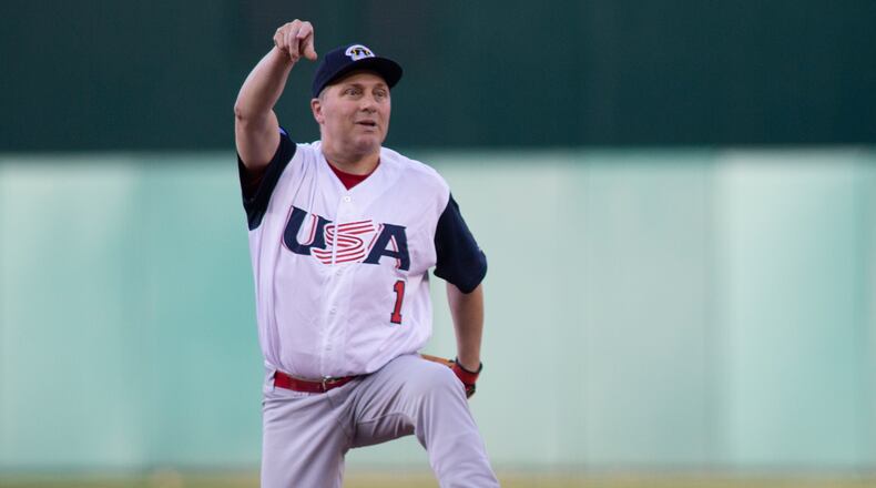 Rep Steve Scalise (R-LA) makes a play to first base resulting in an out after fielding a ground ball on the first pitch of the Congressional Baseball Game on June 14, 2018 in Washington, DC. Scalise was shot during a team practice before the 2017 game.