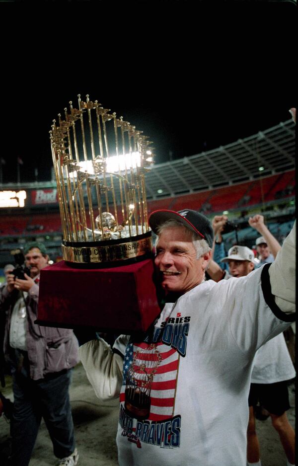 OCTOBER 28, 1995 ATLANTA Atlanta Braves owner Ted Turner parades around the infield with the World Series Trophy, Saturday, October 28, 1995. (AJC photo/Frank Niemeir)