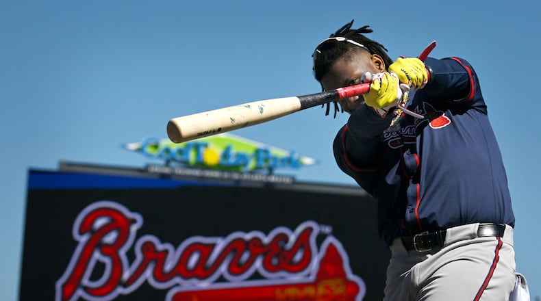 Atlanta Braves right fielder Ronald Acuna Jr. prepares for his batting practice during the first full-squad spring training workout at CoolToday Park, Tuesday, February, 20, 2024, in North Port, Florida. (Hyosub Shin / Hyosub.Shin@ajc.com)
