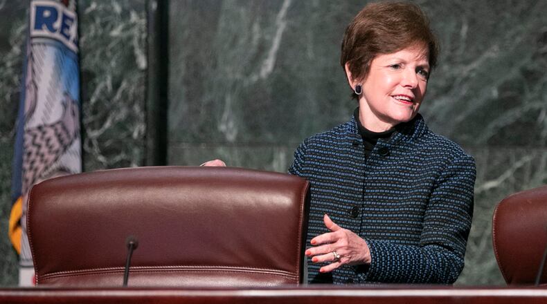 Councilwoman Mary Norwood takes her seat in the Atlanta City Council chambers on Monday, March 21, 2022. (Bob Andres / robert.andres@ajc.com)