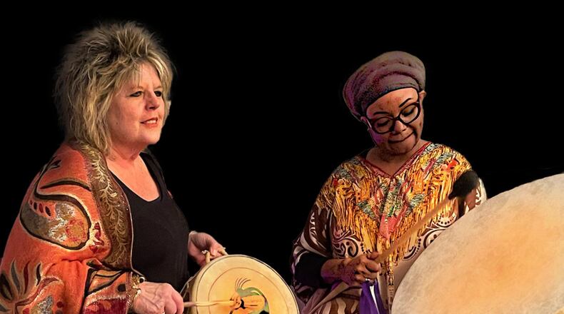 A recent full (wolf) moon drum circle celebration at The Well of Roswell. The celebration is a time of releasing things that no longer serve you. Shown are (L) co-owner Becky Arrington and Shylika Glickman.