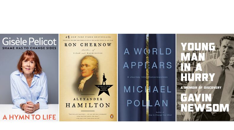 This combination of images show Penguin Press books published by Ann Godoff, from left, "A Hymn to Life: Shame Has to Change Sides" by Gisèle Pelicot, "Alexander Hamilton" by Ron Chernow, "A World Appears: A Journey into Consciousness" by Michael Pollan, and "Young Man in a Hurry: A Memoir of Discovery" by Gavin Newsom. (Penguin Press via AP)
