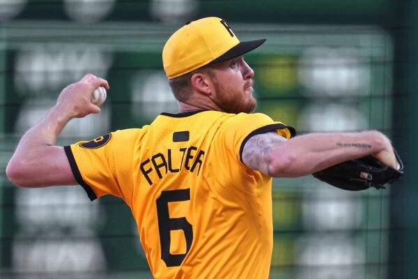 Pittsburgh Pirates pitcher Bailey Falter delivers during the first inning of a baseball game against the Atlanta Braves in Pittsburgh, Friday, May 9, 2025. (AP Photo/Gene J. Puskar)