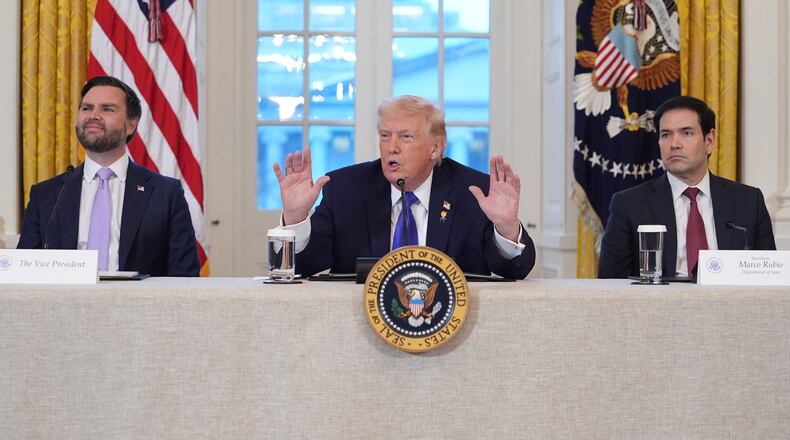 FILE - President Donald Trump speaks during a meeting with oil executives in the East Room of the White House, Jan. 9, 2026, in Washington, as Vice President JD Vance and Secretary of State Marco Rubio listen. (AP Photo/Evan Vucci, File)