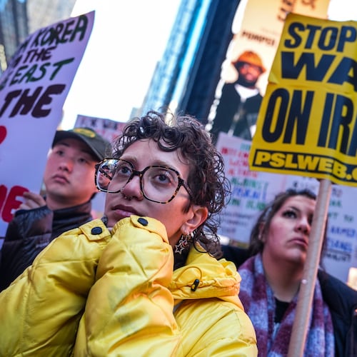 FILE - People march while taking part in a protest against the U.S.-Israeli war with Iran, and against conflict in Lebanon, Wednesday, April 8, 2026, in New York. (AP Photo/Ryan Murphy, File)