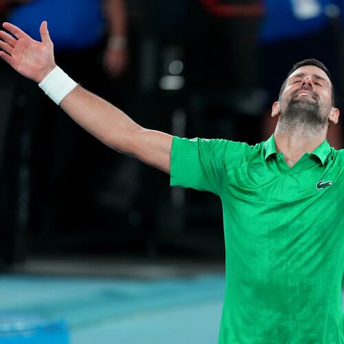 Novak Djokovic of Serbia celebrates after defeating Jannik Sinner of Italy in their semifinal match at the Australian Open tennis championship in Melbourne, Australia, early Saturday, Jan. 31, 2026. (AP Photo/Asanka Brendon Ratnayake)