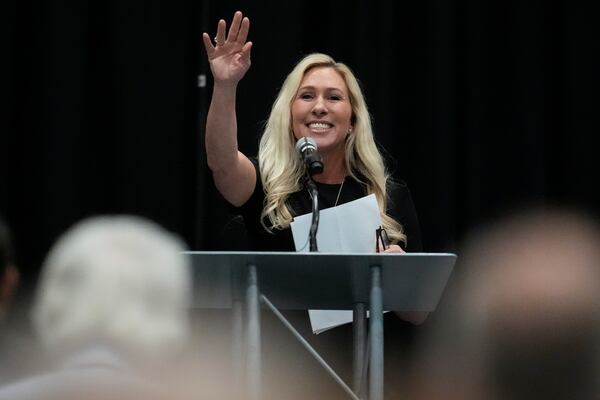 U.S. Rep. Marjorie Taylor Greene, R-Ga., speaks during a town hall meeting, Tuesday, April 15, 2025, in Acworth, Ga. (Mike Stewart/AP)