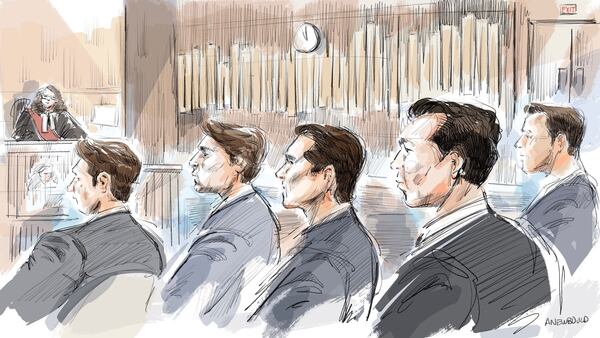 In this courtroom sketch, from left, Justice Maria Carroccia, defendants Michael McLeod, Carter Hart, Alex Formenton, Dillon Dube and Callan Foote, five members of Canada’s 2018 world junior hockey team charged with sexual assault earlier this year in an incident that allegedly took place in London, Ontario, in June 2018, are shown during a hearing in London, Ontario, Tuesday, April 22, 2025. (Alexandra Newbould/The Canadian Press via AP)