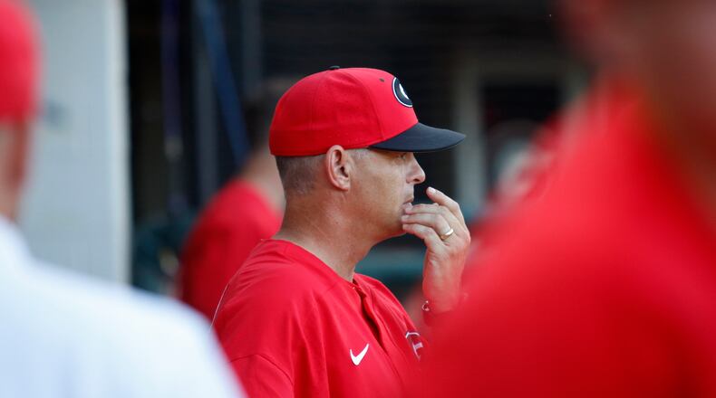 Georgia Head Coach Scott Stricklin watches from the dugout. The Georgia Bulldogs take on the Mercer Bears in the first round of the NCAA regional playoffs on May 31, 2019 in Athens, Georgia. (Daniela Rico/ The Red & Black)