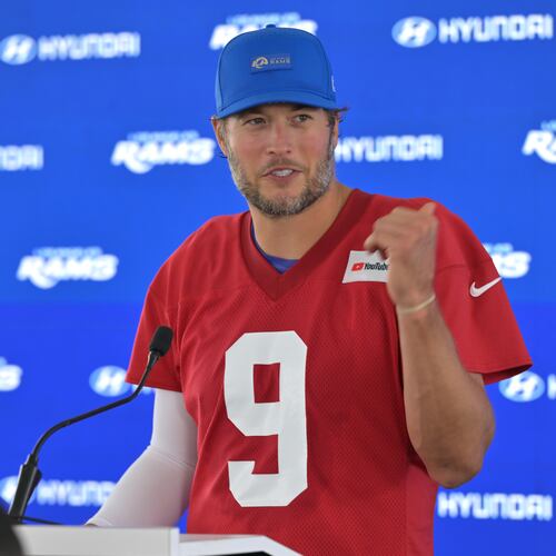 Los Angeles Rams quarterback Matthew Stafford talks to the media at a news conference during the NFL football team's practice Thursday, May 28, 2026, in Los Angeles. (AP Photo/Jayne Kamin-Oncea)