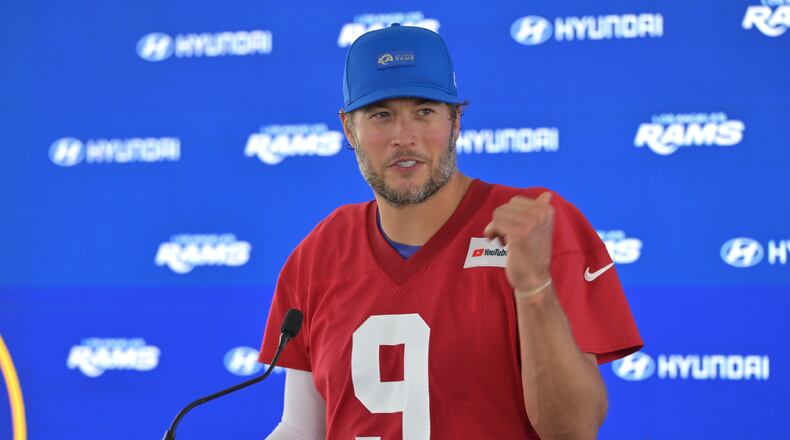 Los Angeles Rams quarterback Matthew Stafford talks to the media at a news conference during the NFL football team's practice Thursday, May 28, 2026, in Los Angeles. (AP Photo/Jayne Kamin-Oncea)