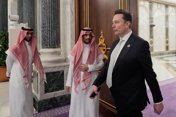 FILE - Elon Musk, departs a lunch between President Donald Trump and Saudi Crown Prince Mohammed bin Salman at the Royal Palace in Riyadh, Saudi Arabia, May 13, 2025. (AP Photo/Alex Brandon, File)