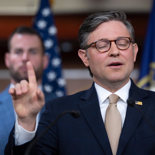 Speaker of the House Mike Johnson takes questions at a news conference following a closed-door GOP meeting at the Capitol in Washington, Tuesday, April 21, 2026. (AP Photo/J. Scott Applewhite)